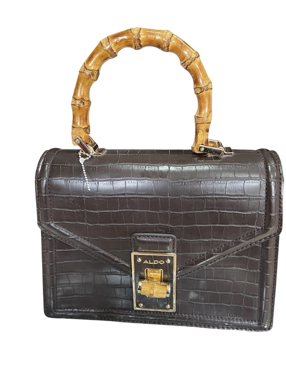Aldo Brown Croc-Embossed Satchel with Bamboo Handle